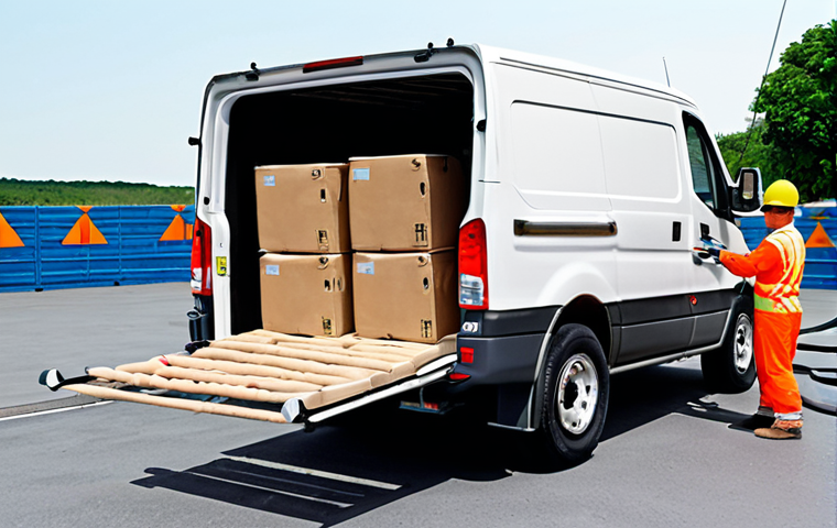 **Loading cargo onto a special vehicle:** Focus on safety measures during the process. Include elements like checking cargo size, securing with ropes/belts, even weight distribution, and ensuring the driver's visibility is not obstructed.