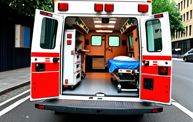 **Image of a used ambulance:** A slightly worn ambulance with visible medical equipment inside, parked on a street, suggesting age and use.