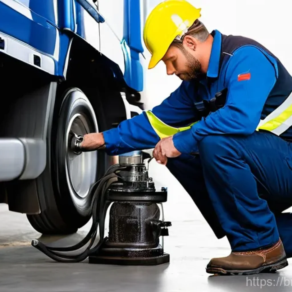 대형 트럭의 브레이크 유지 관리 - **Prompt:** A highly detailed and realistic image of a professional male truck driver, approximately...