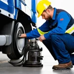 대형 트럭의 브레이크 유지 관리 - **Prompt:** A highly detailed and realistic image of a professional male truck driver, approximately...