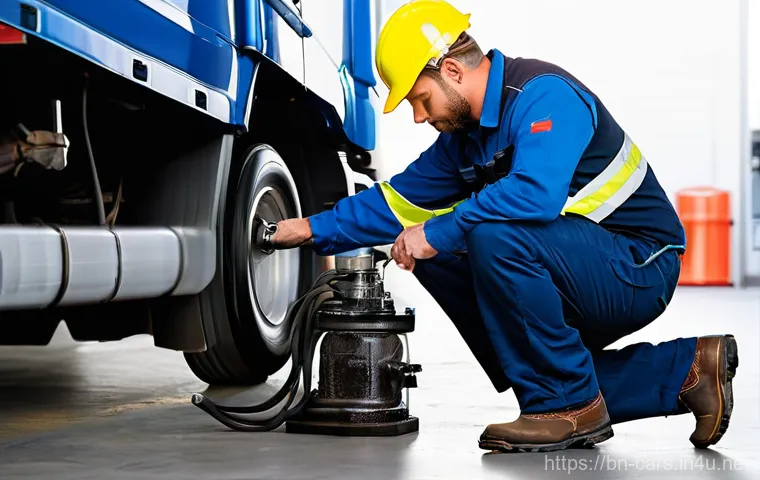 대형 트럭의 브레이크 유지 관리 - **Prompt:** A highly detailed and realistic image of a professional male truck driver, approximately...