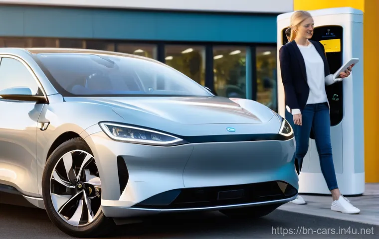 특수 차량 보험 가입 요령 - **Electric Vehicle Insurance - Battery & Charging Safety:**
    A dynamic, eye-level shot of a sleek...