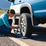 트레일러 견인 중 소모품 관리 - **Prompt:** A vibrant, sun-drenched image of a person meticulously checking the tire pressure and tr...