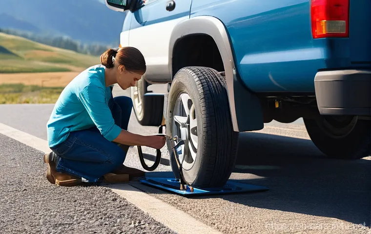 트레일러 견인 중 소모품 관리 - **Prompt:** A vibrant, sun-drenched image of a person meticulously checking the tire pressure and tr...